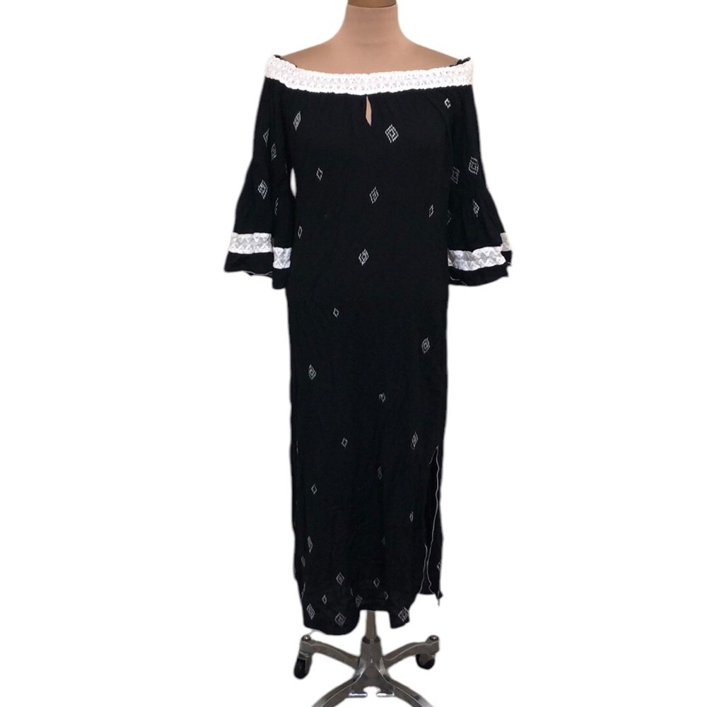 Poupette St Barth Midi Dress Size Small Black White Bell Sleeve